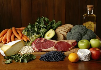 Fresh Ingredients for a Healthy Meal Preparation with Vegetables, Fruits, Cheese, and Meat on Wooden Table Ideal for Culinary and Nutrition Concepts