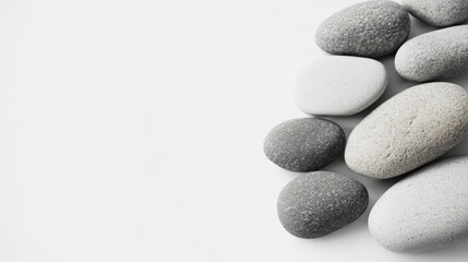 Smooth Gray Pebbles Arrangement on Minimal White Background for Tranquil Nature and Spa Design Concepts