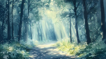 Obraz premium Soft watercolor illustration of a serene forest trail, dappled with sunlight streaming through tall trees.