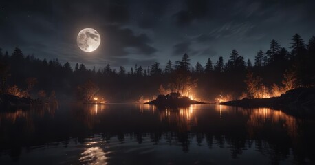 Fototapeta premium A fire burns in the darkness of a lake at night with a full moon overhead, environment, shadows, landscape