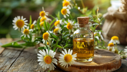 chamomile essential oil on wooden surface