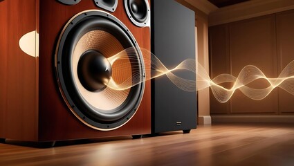 Close-Up of High-End Speaker with Sound Wave Visualization in Modern Interior, Highlighting Premium Audio Equipment, Acoustic Design, Music Experience, and Home Entertainment