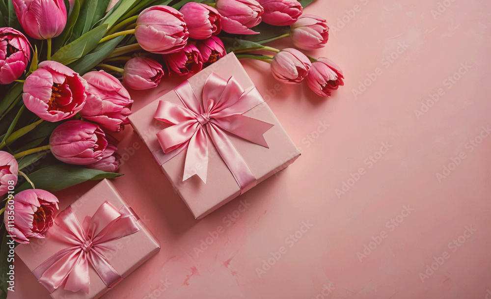 Poster two pink boxes with bows on them. one box is on the left and the other is on the right