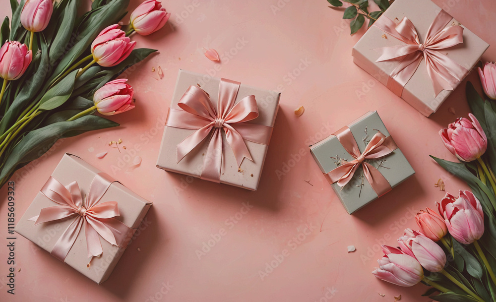 Poster row of pink boxes with bows on them. the boxes are arranged in a row and are placed on a pink backgr