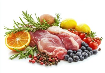 Fresh Ingredients for Culinary Delights: Juicy Meat Cuts Surrounded by Vibrant Fruits, Herbs, and Vegetables on a White Background