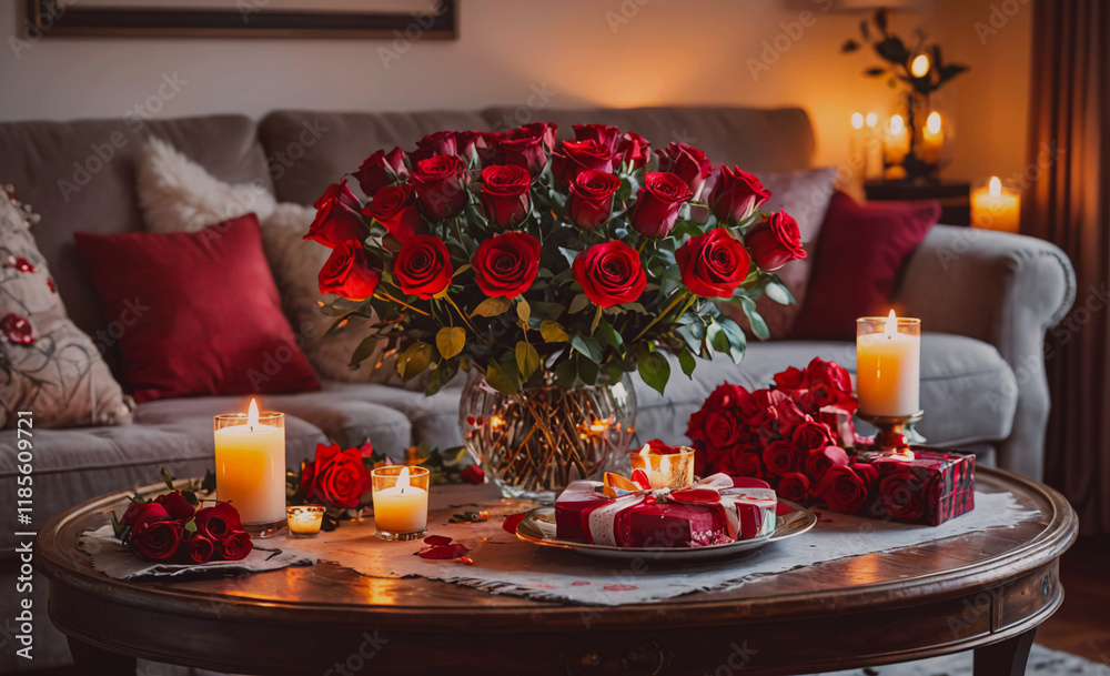 Poster table with a vase of red roses and candles. a couch is in the background