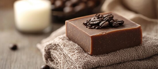 Handmade coffee natural soap on textured towel with blank space for text and a candle in the background for a calming atmosphere
