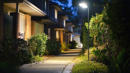 Obraz premium Home exterior illuminated by LED floodlights enhancing safety and security in residential neighborhood during nighttime setting