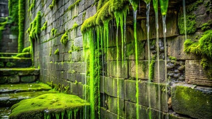 Fototapeta premium A dripping green substance flows down a mossy stone wall in an overgrown ruin, lichen growth, vines entwined, decay and neglect, crumbling structure