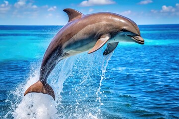 Obraz premium A dolphin jumping out of the water in a playful display of agility, underwater scene, dolphin, swimming action, ocean creature