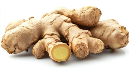Fototapeta premium Fresh ginger rhizome on white background showcasing its texture and cut interior for culinary and health-related uses