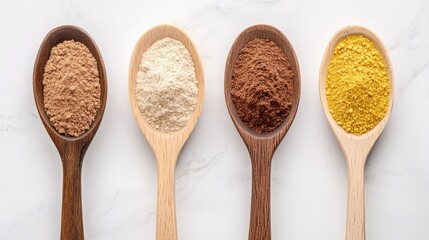 Three wooden spoons filled with colorful powder spices on a rustic table three