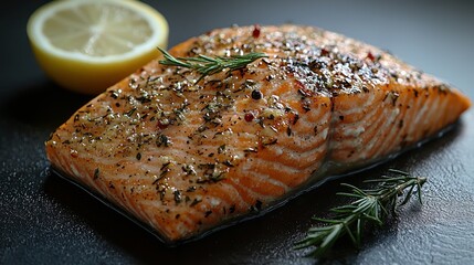 Close-up of Herb-Seasoned Grilled Salmon Fillet with Lemon