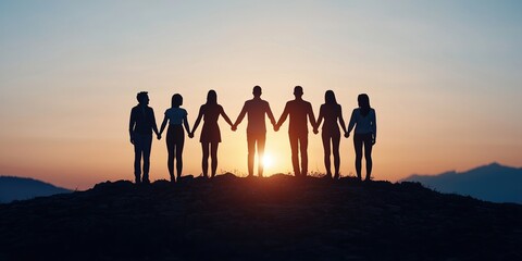 Fototapeta premium Diversity unity group concept. Silhouetted group holding hands at sunset on a mountain.