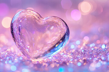 Fototapeta premium Glass heart resting on a bed of shimmering glitter
