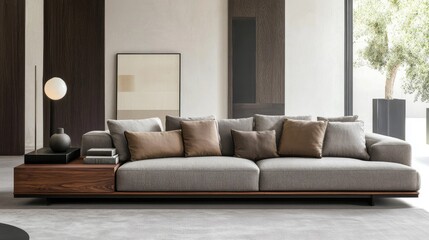 Fototapeta premium Modern minimalist living room with gray sofa pillows wooden sideboard lamp and decorative elements in bright and spacious interior design