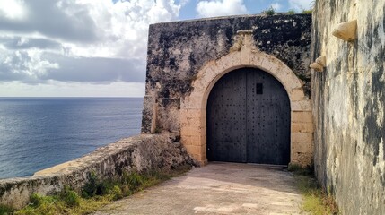 Fototapeta premium Historic steel door of a gun bay in a fort by the Knights of St John overlooking the sea with cloudy skies in the background