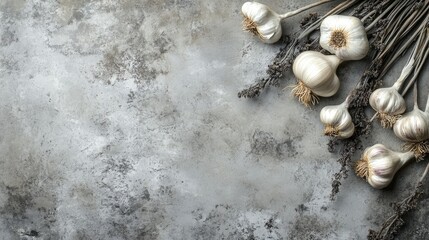 Fototapeta premium Fresh garlic bulbs arranged on a textured concrete surface showcasing their natural beauty and rustic appeal in selective focus.