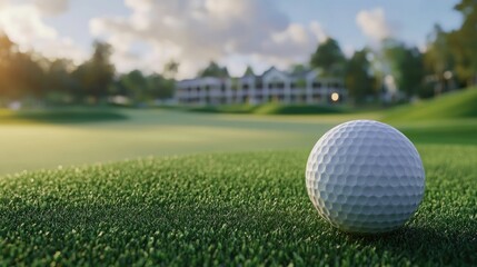 Fototapeta premium Golf ball resting on the green with clubhouse in the background during a sunny day on a picturesque golf course