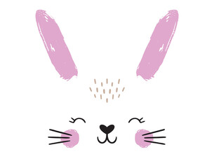 Happy Easter cute bunny face with smile. Easter decor for greeting card, poster, with cute, sweet hand drawn rabbit