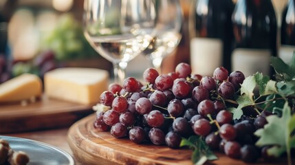 Grapes and cheese elegantly arranged on a rustic table with wine glasses and bottles in the background for a sophisticated dining experience
