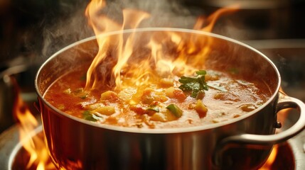 Steam rising from a pot of soup with flames in a kitchen showcasing the vibrant cooking process and delicious ingredients.