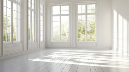 Fototapeta premium Bright and airy white interior showcasing light and shadow effects from large windows illuminating the open space.