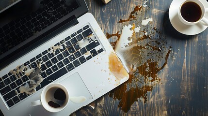 A spilled drink on a laptop with coffee cups, illustrating a messy workspace.