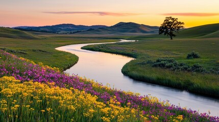 Serene Sunset Over Flowing River Surrounded by Vibrant Wildflowers