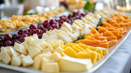 Assorted hard cheeses and fruits elegantly displayed on a long white tray for a gourmet appetizer or cheese tasting event