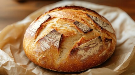 Artisan Round Loaf of Bread Sitting on Rustic Paper with a Crispy Golden Crust and Decorative Scoring