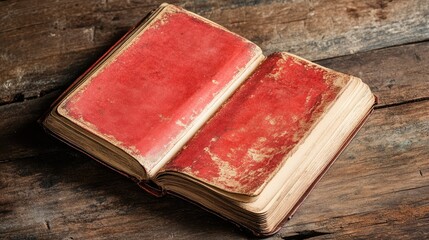 Vintage red diary on rustic wooden table with open pages for creative design and professional projects.