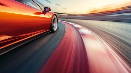 Vibrant photo of a race car speeding through a curve, the track, and surroundings blurred to emphasize the sheer velocity