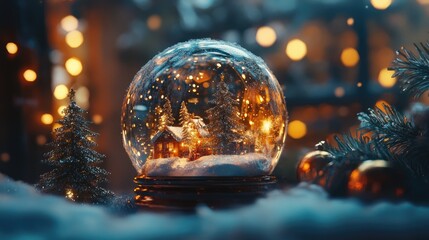 Winter Wonderland Snow Globe with Warm Lights and Miniature House Surrounded by Snowy Scene and Christmas Decorations