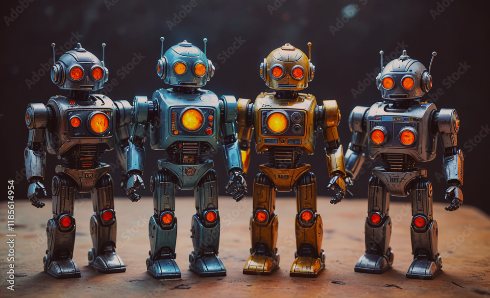 Aufkleber Four robots are standing on a wooden table. They are all different colors and sizes. The robots are facing the camera