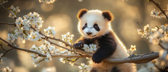 Fototapeta premium Baby panda on a branch with white blossoms, soft light