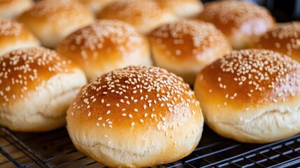 Golden Brown Sesame Seed Buns Freshly Baked on Cooling Rack Perfect for Burgers and Sandwiches