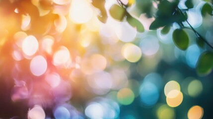 Obraz premium Nature illuminated bokeh background with soft colorful light effects and vibrant foliage creating a dreamy atmosphere for artistic use