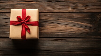 Present box with red ribbon on rustic wooden table displaying ample empty space for holiday or celebration themed designs.