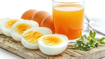 Fototapeta premium Healthy light breakfast featuring sliced boiled eggs, fresh parsley, and a glass of orange juice on a rustic wooden board isolated on white.