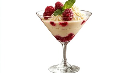 An appealing image of panna cotta topped with fresh berries and mint, elegantly displayed in a glass, highlighting the smooth texture against a white backdrop.