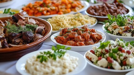 Greek Easter Celebration with Traditional Lamb Dishes and Festive Feast Spreads on a Beautifully Set Table