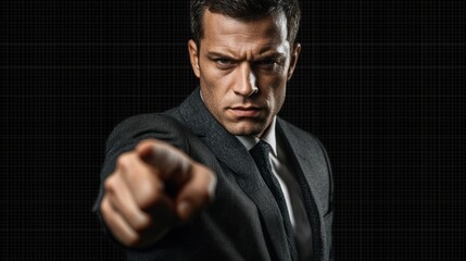 Powerful and Confident Man Pointing in a Dark Studio Setting