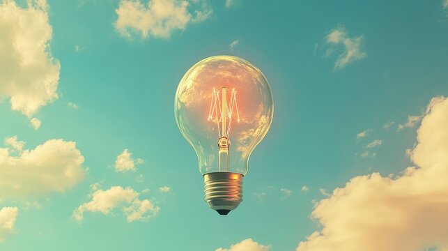 Bright light bulb suspended in a blue sky with clouds representing ideas and creativity in a dreamy atmosphere