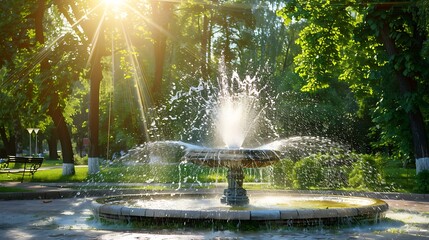 A sunlit fountain in a park, surrounded by lush greenery and serene atmosphere.
