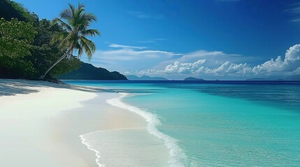 Tropical island with sandy beach surrounded by lush green trees and clear blue ocean water