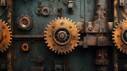 Rusty industrial gears and machinery close-up background with a vintage steampunk aesthetic for design and artistic purposes.