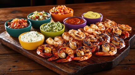 An artistic arrangement of grilled shrimp on a rustic wooden board, with dipping sauces in colorful bowls, creating a visually appealing seafood feast.