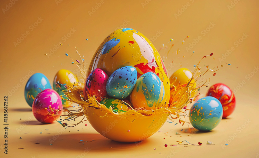 Poster yellow egg with a bunch of other eggs around it. the eggs are in different colors