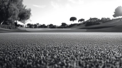 Grayscale close-up of textured grass on a golf course showcasing lush landscaping and serene outdoor ambiance